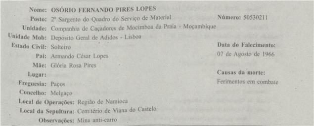 Osório Fernando Pires Lopes | Natural de Outeiro - Paços, morto em combate, sepultado em Viana do Castelo